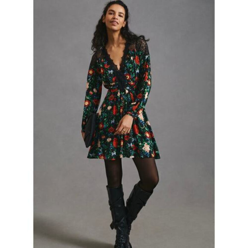 Anthropologie floral v-neck lace long sleeve mini dress